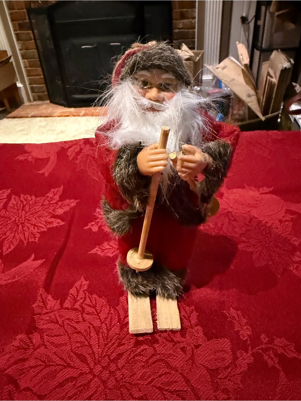Vintage Skiing Santa Claus Figurine – Wooden Skis & Faux Fur Trim